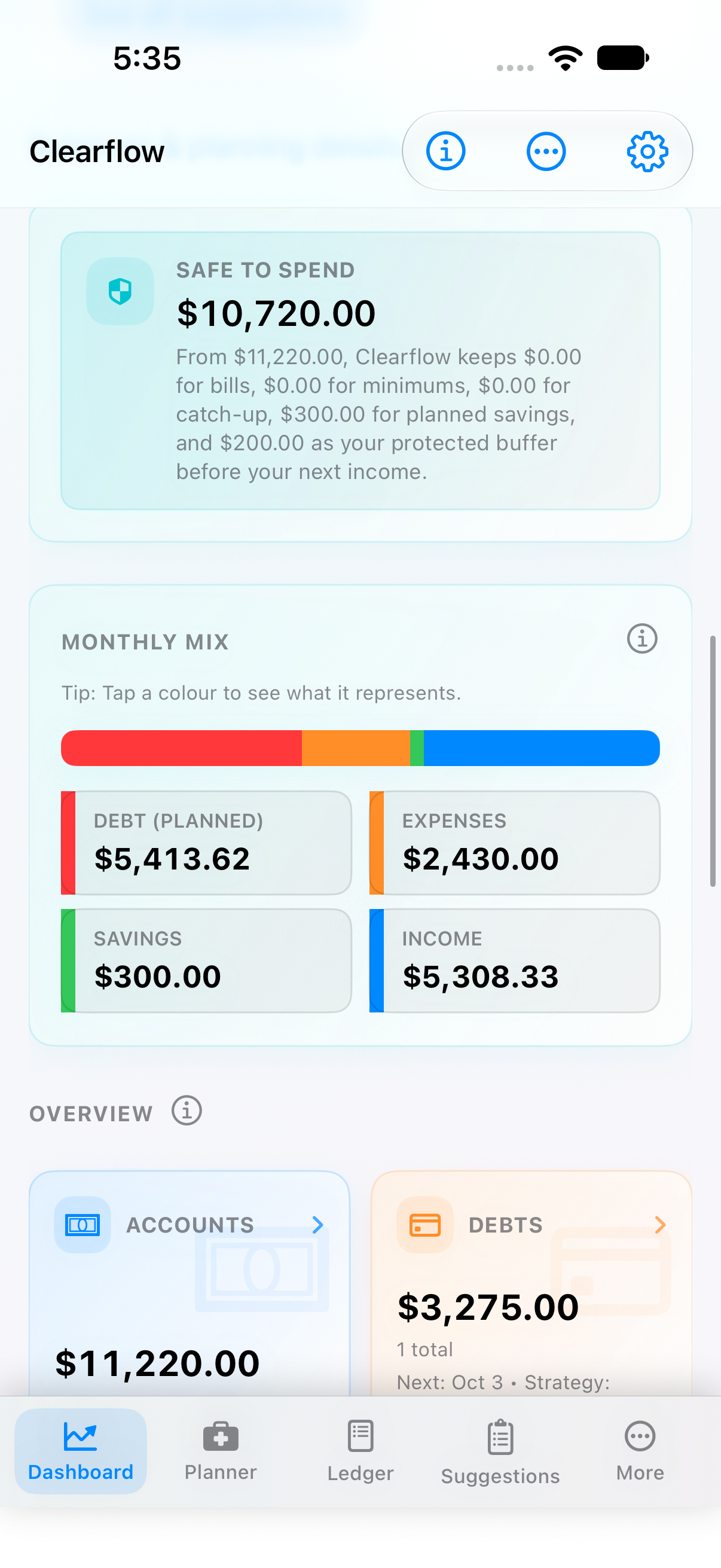 Clearflow dashboard showing Safe to Spend and the monthly mix