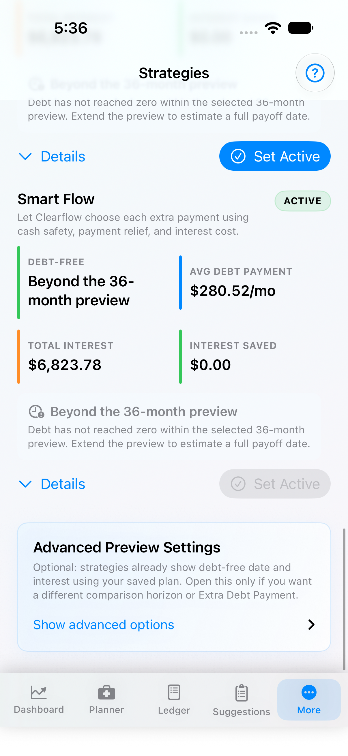 Clearflow Strategies screen comparing debt payoff paths